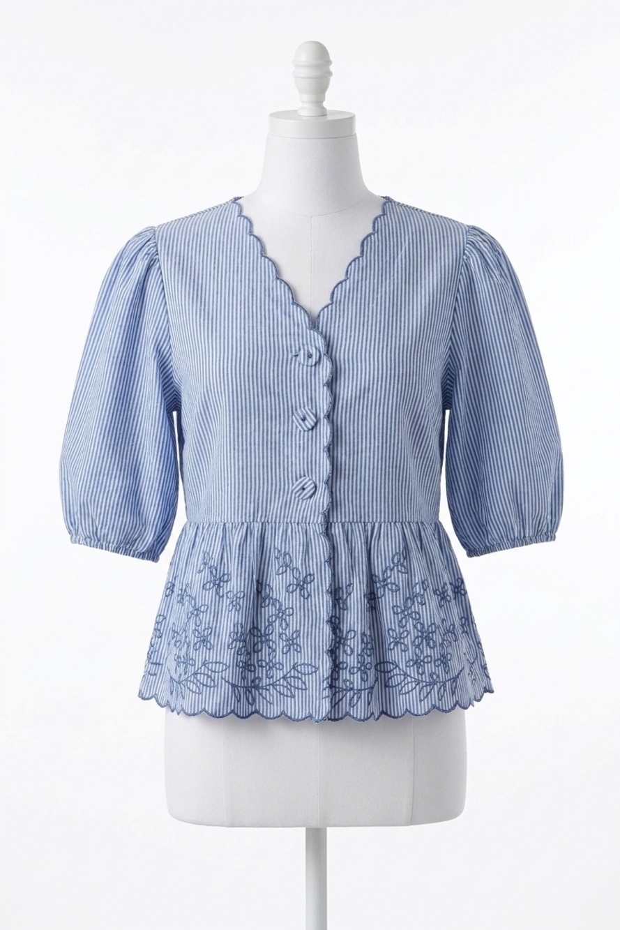 NEW ODDI libby striped embroidered peplum top in navy stripe